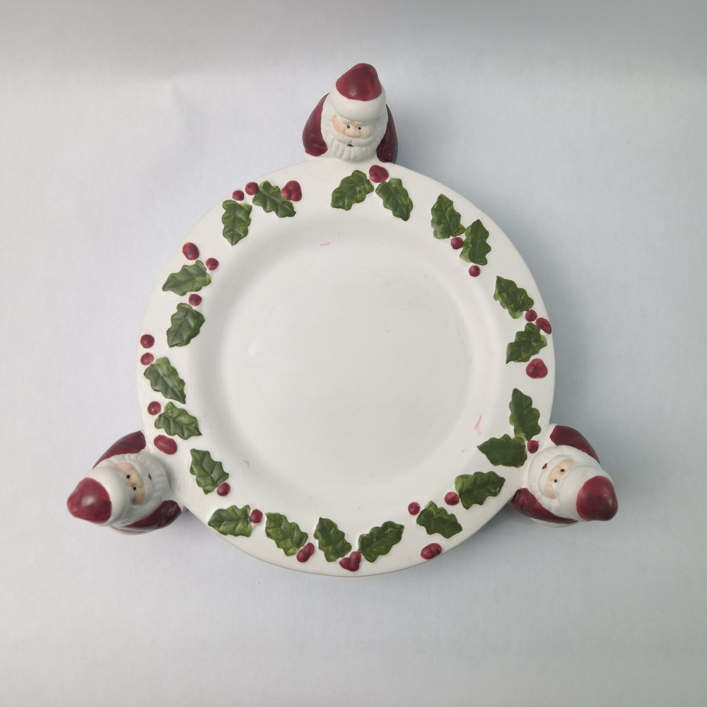 Vintage Department 56 Santa Trio Candle Holder Christmas Plate Holly Mistletoe